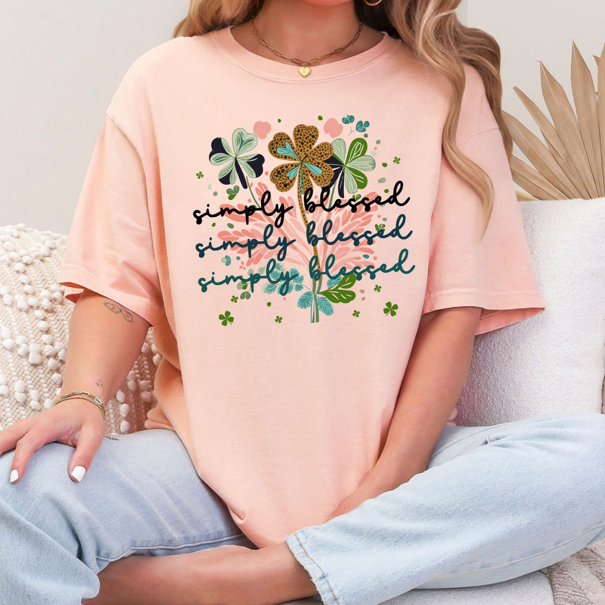 Simply Blessed clover graphic T-shirt in Peachy