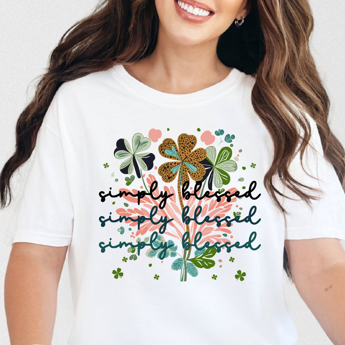 Simply Blessed clover graphic T-shirt in White