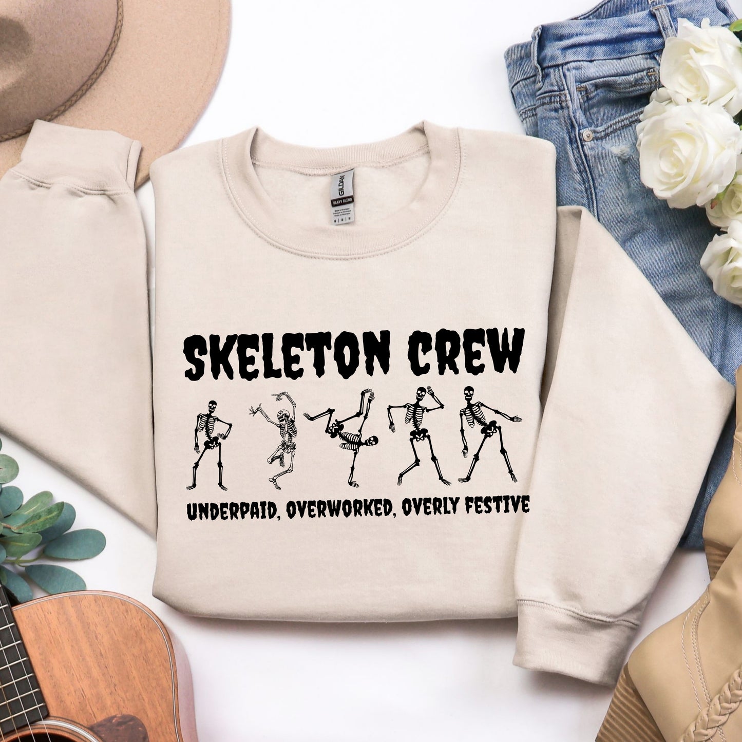 Skeleton Crew Sweatshirt – Overworked & Overly Festive
