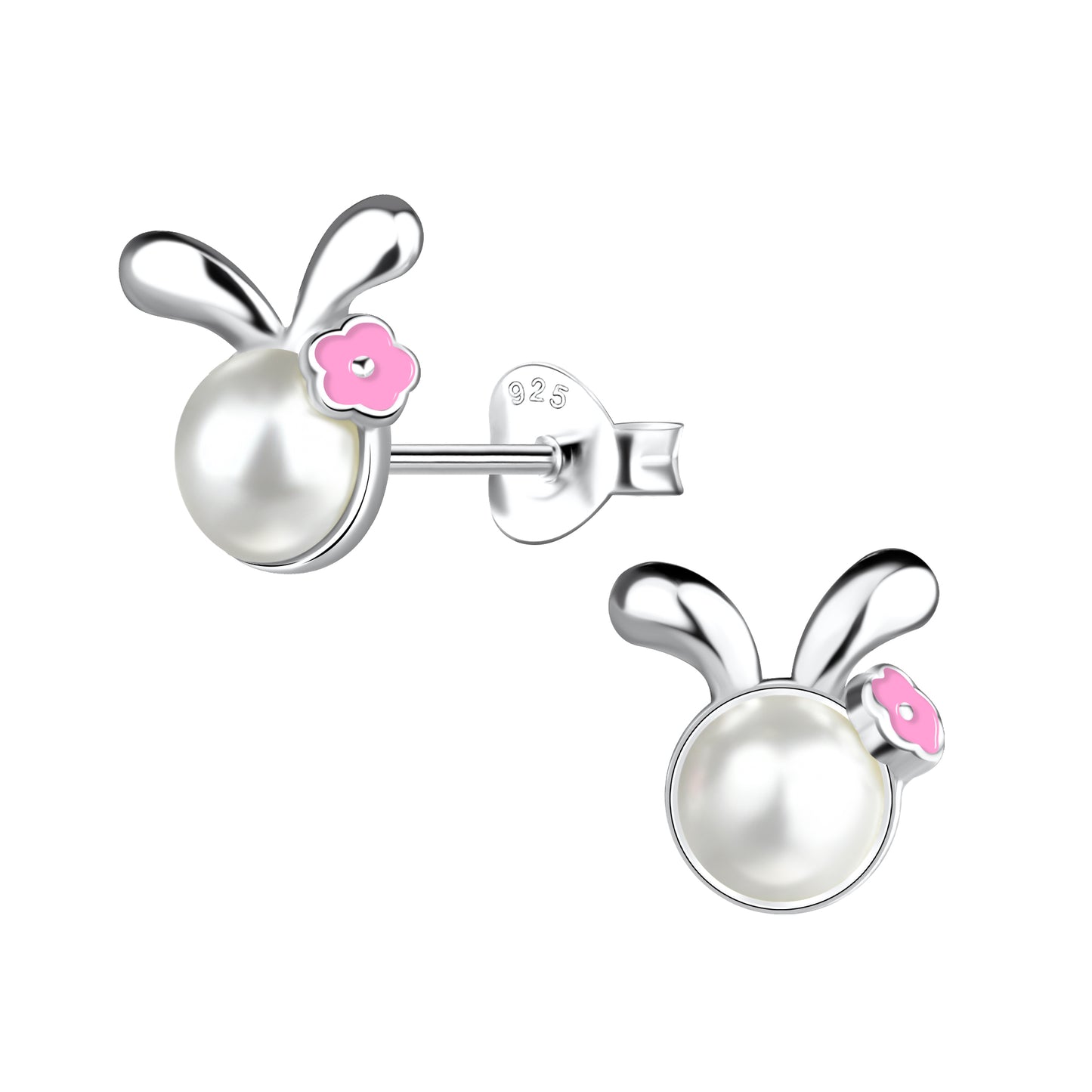 Bunny With Pink Flower Sterling Silver Stud Earrings