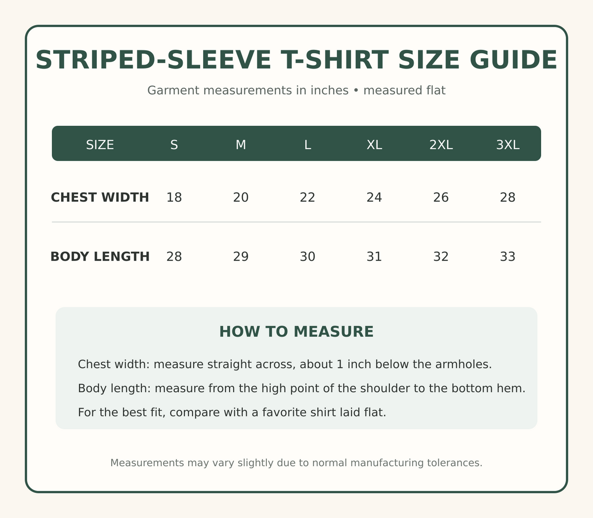 Adult striped-sleeve T-shirt size guide with garment measurements