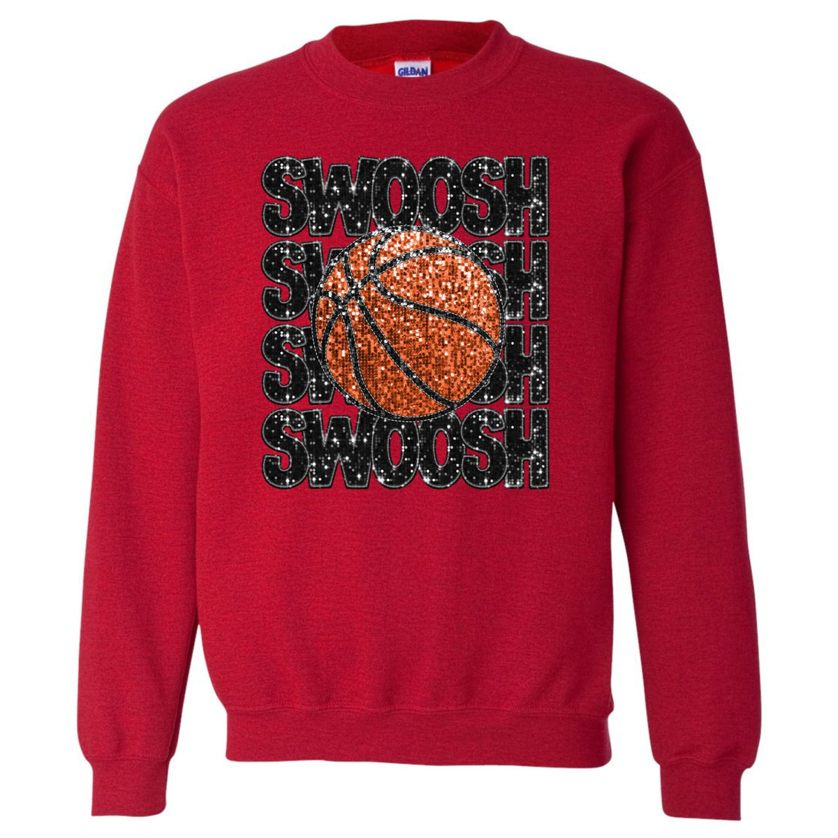 Antique Cherry Red sweatshirt with stacked black SWOOSH lettering and orange basketball, faux-sequin print