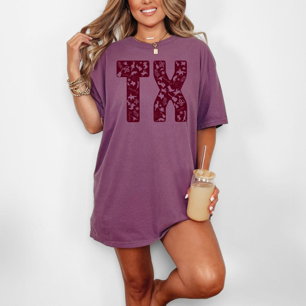 Texas symbols TX graphic T-shirt in Berry