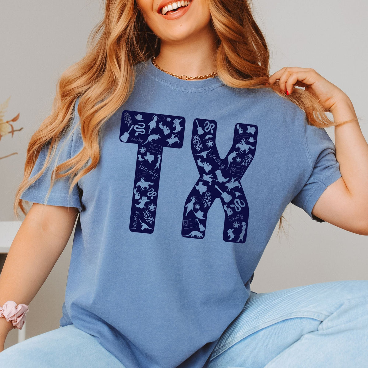 Texas symbols TX graphic T-shirt in Washed Denim