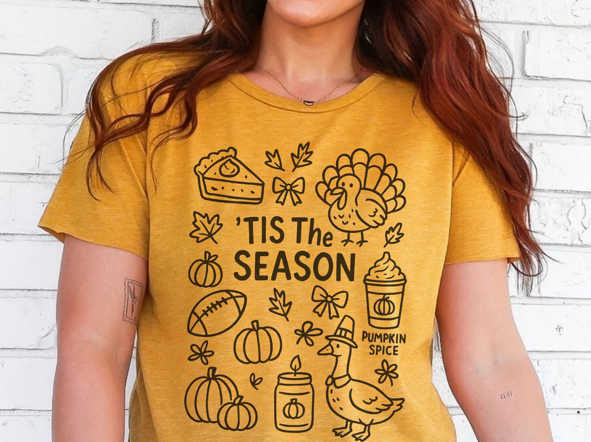 ’Tis the Season doodle Thanksgiving T-shirt in Antique Gold