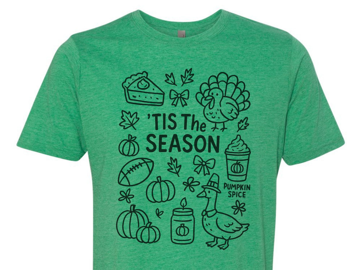 ’Tis the Season doodle Thanksgiving T-shirt in Envy green