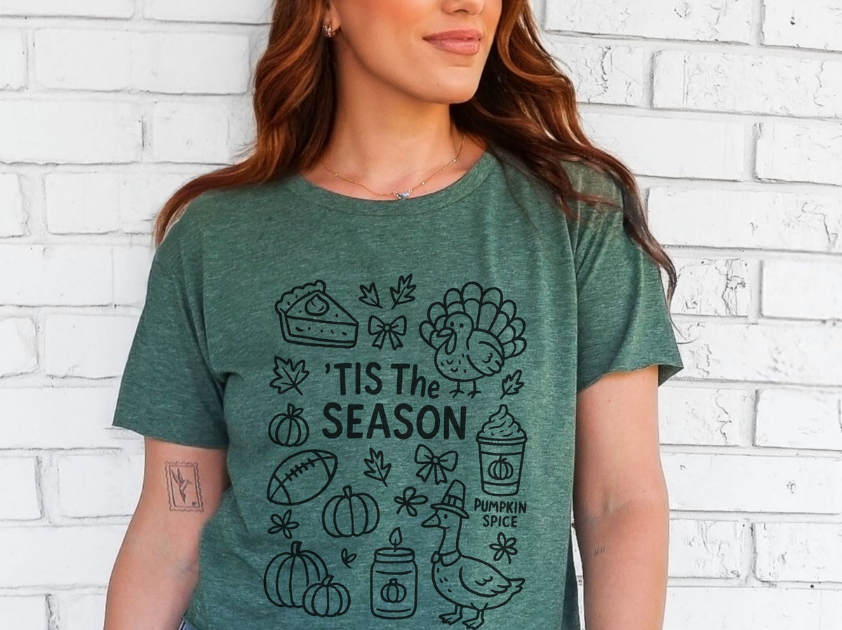 ’Tis the Season doodle Thanksgiving T-shirt in Royal Pine