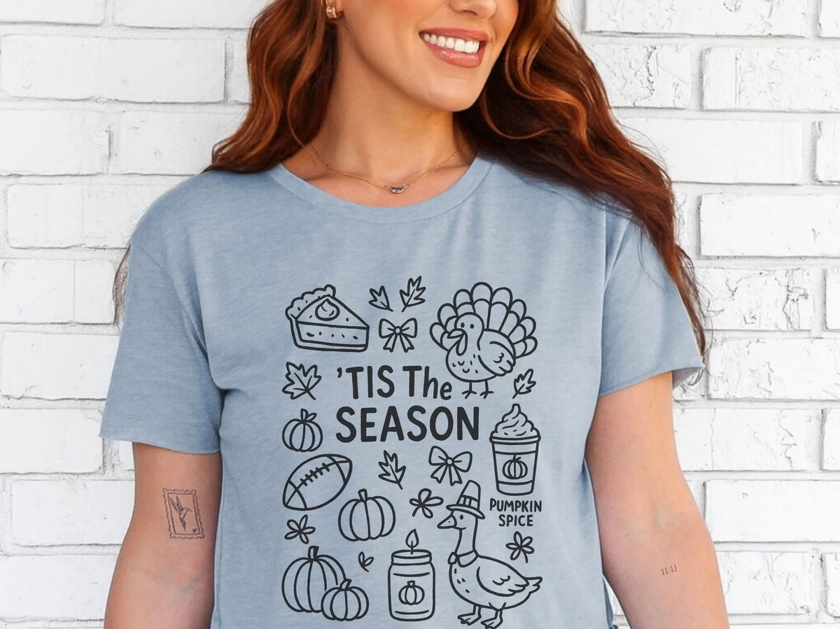 ’Tis the Season doodle Thanksgiving T-shirt in Stonewash Denim