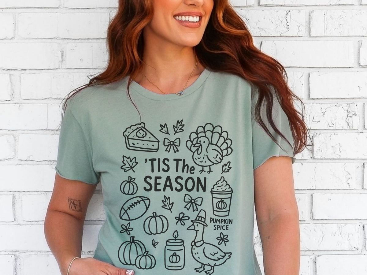 ’Tis the Season doodle Thanksgiving T-shirt in Stonewash Green