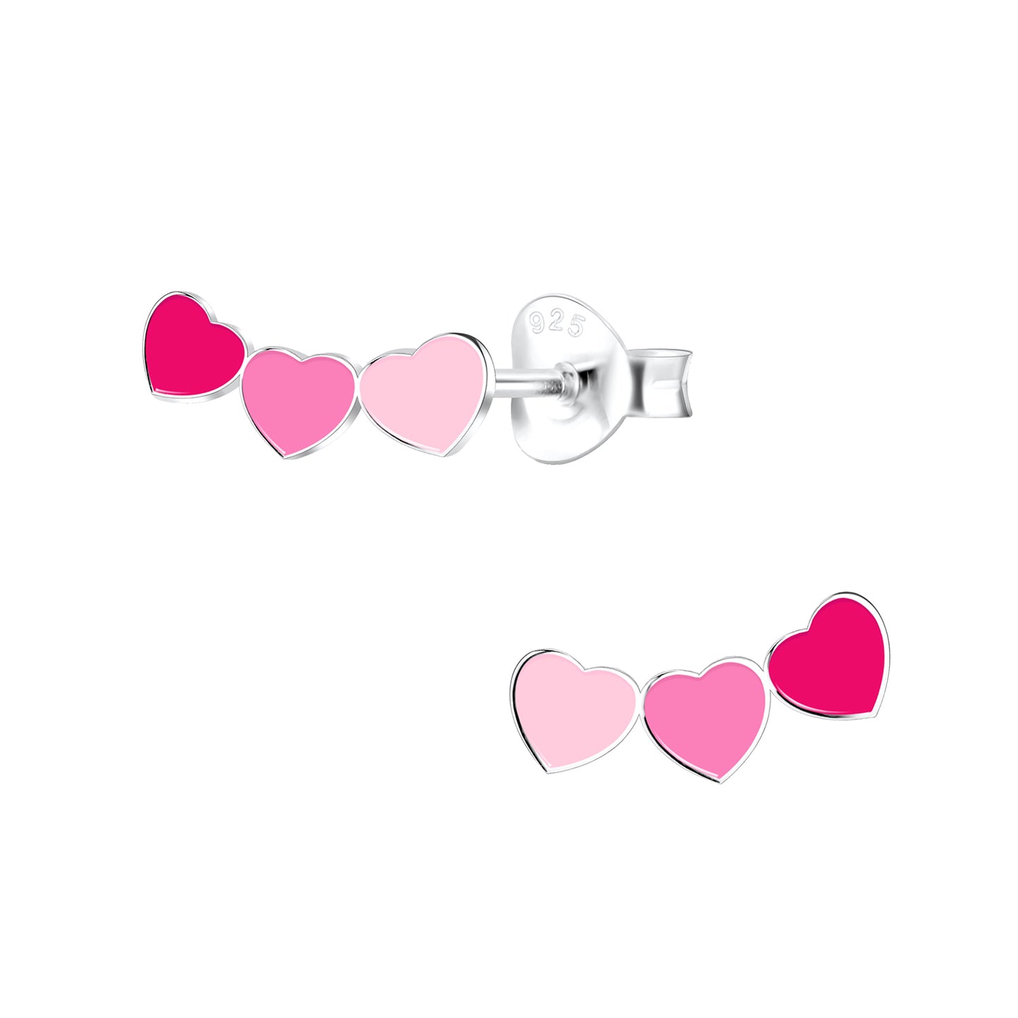 Triple Pink Hearts Sterling Silver Stud Earrings