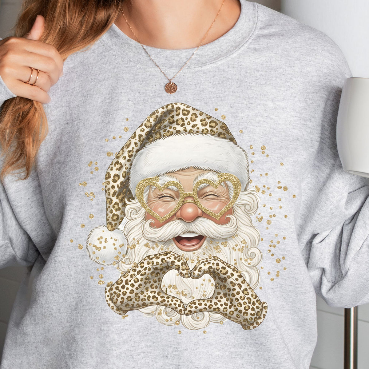 Leopard print Santa design on an ash crewneck sweatshirt