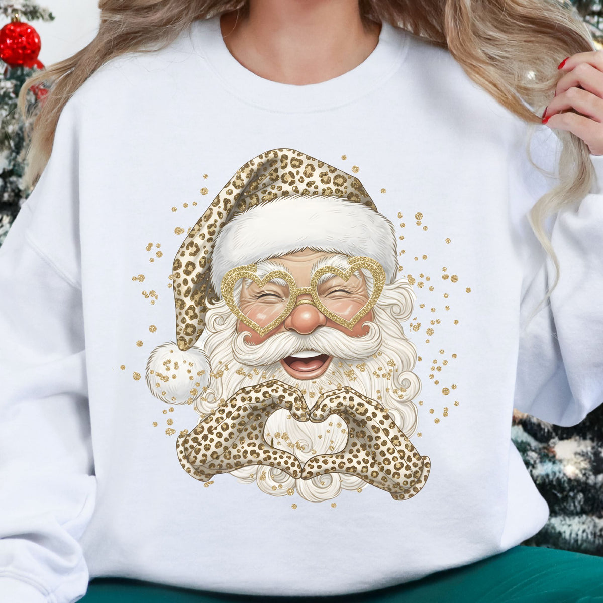 Leopard print Santa design on a white crewneck sweatshirt