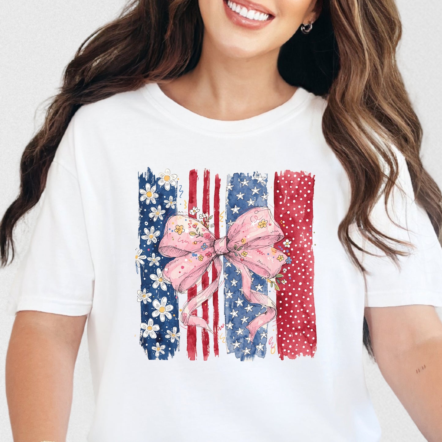 Floral Bow American Flag T-Shirt | Coquette Patriotic Comfort Colors Tee