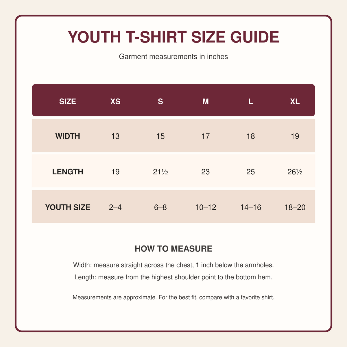 Youth T-shirt size guide showing width and length measurements in inches