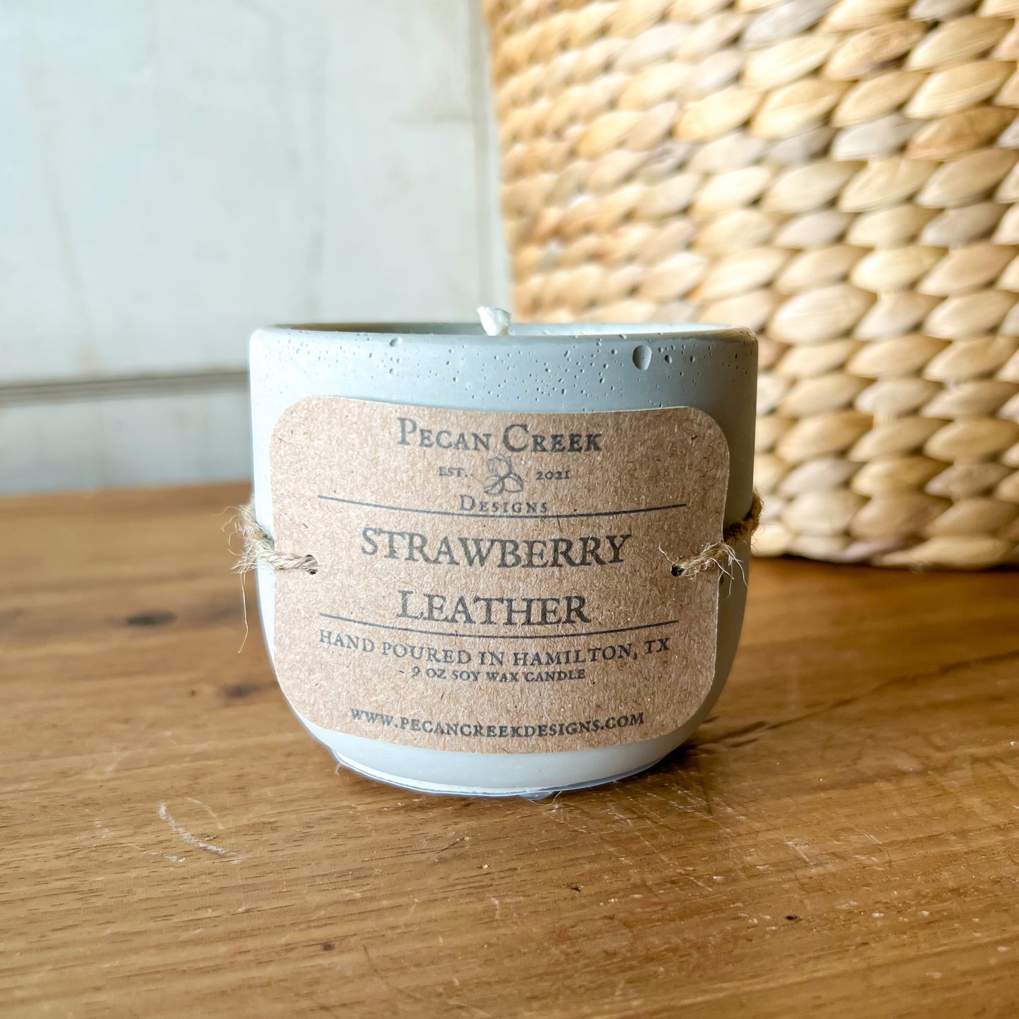 12 ounce concrete Strawberry Leather handpoured Soy Wax Candle