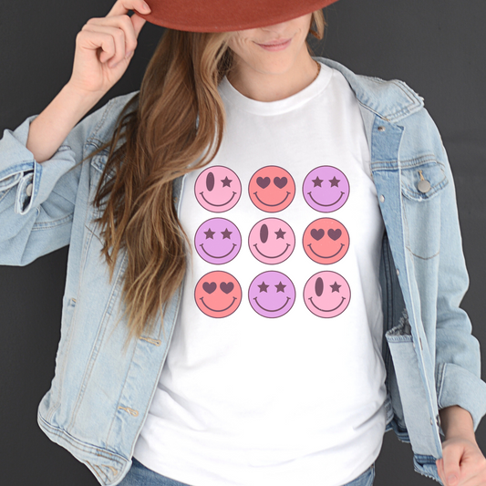 Multiple Retro Smiley Face Valentine Heart Women's Graphic Tee