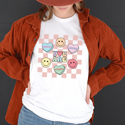 Checker print Retro Smiley Face Valentine Heart Women's Graphic Tee