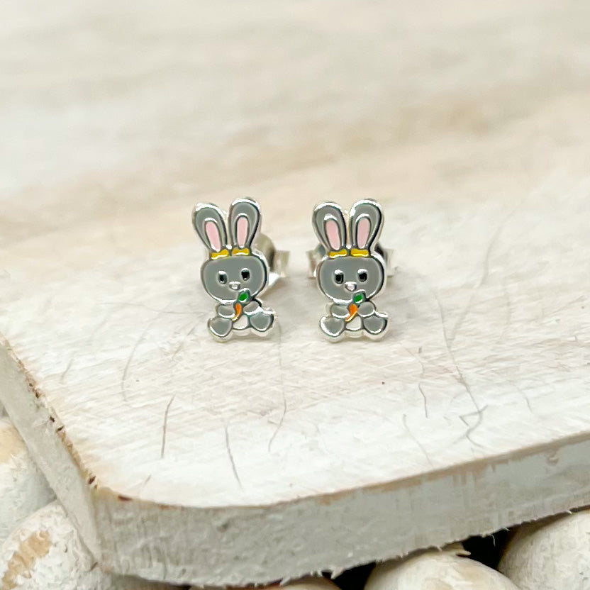 Grey Bunny Easter Sterling Earrings