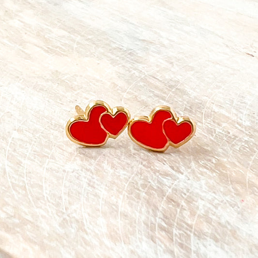 Gold with Red Hearts Sterling Silver Stud Earrings