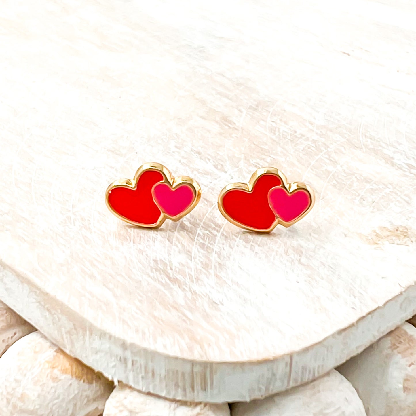 Gold with Pink and Red Hearts Sterling Silver Stud Earrings