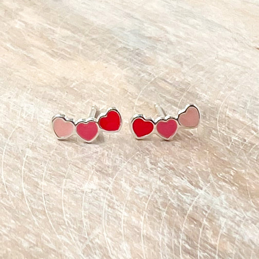 Triple Heart Sterling Silver Stud Earrings