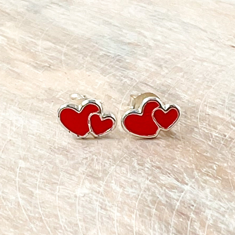 Double Red Sterling Silver Heart Stud Earrings