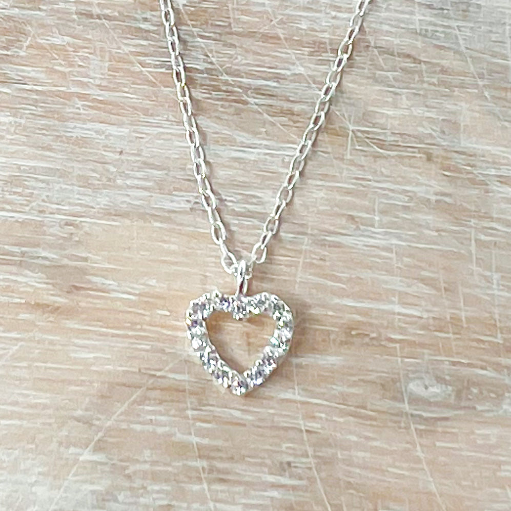 Rhinestone Heart 16 inch Sterling Silver Necklace