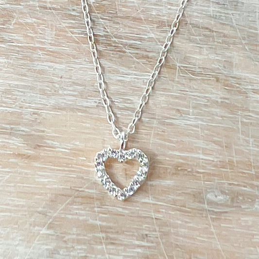 Rhinestone Heart 16 inch Sterling Silver Necklace