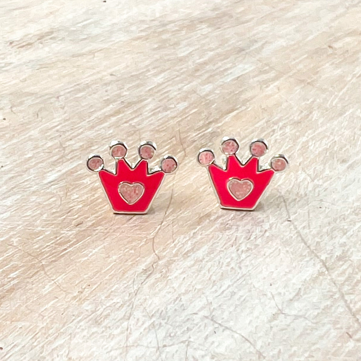 Dark Pink Crown with Heart Sterling Silver Heart Stud Earrings