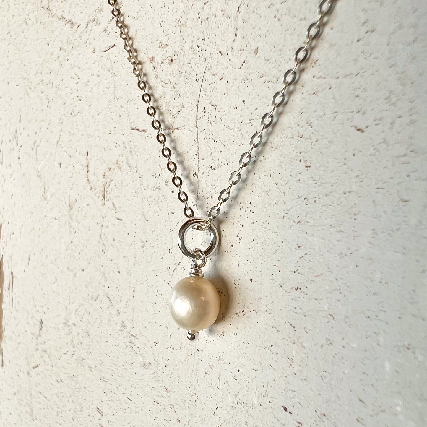 Small Dainty Single drop Pearl Pendant Sterling Silver Necklace Perfect for Layering