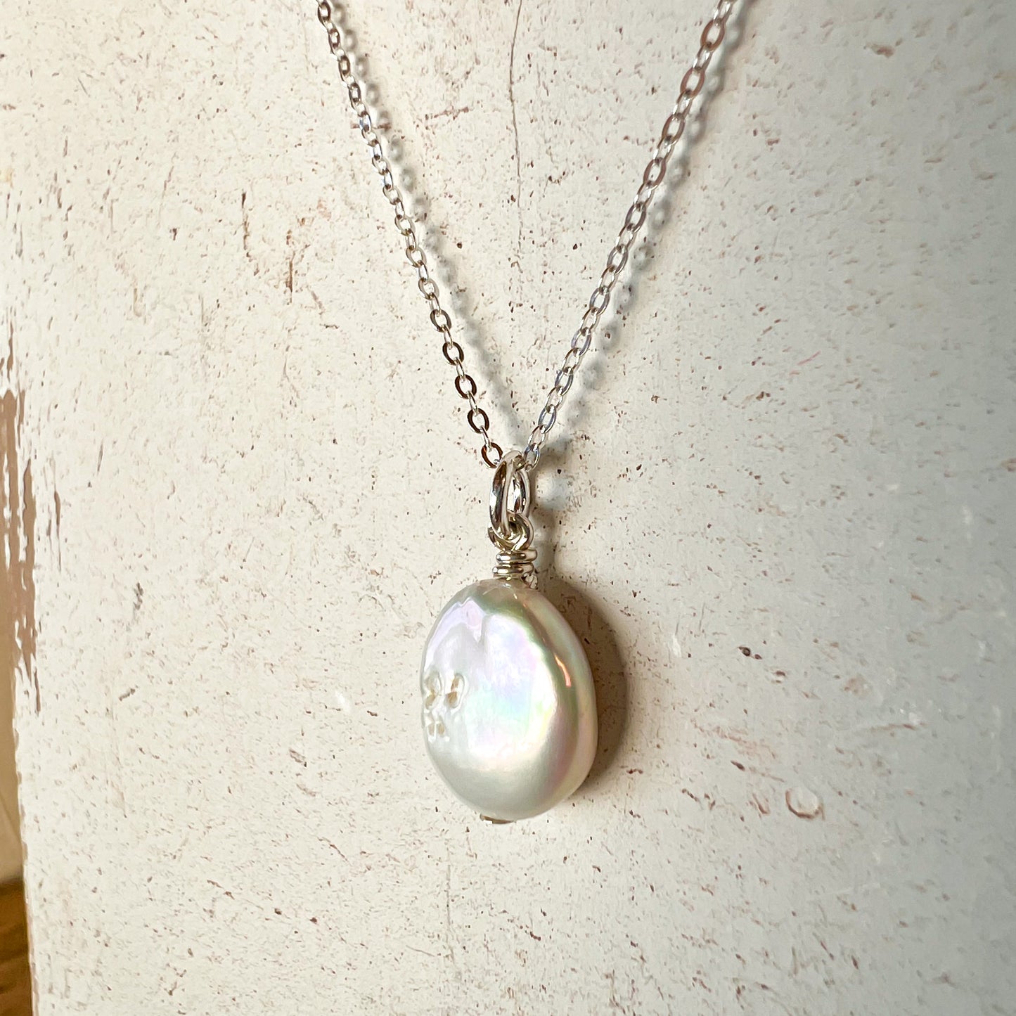 Small Dainty Coin Pearl Pendant Sterling Silver Necklace Perfect for Layering