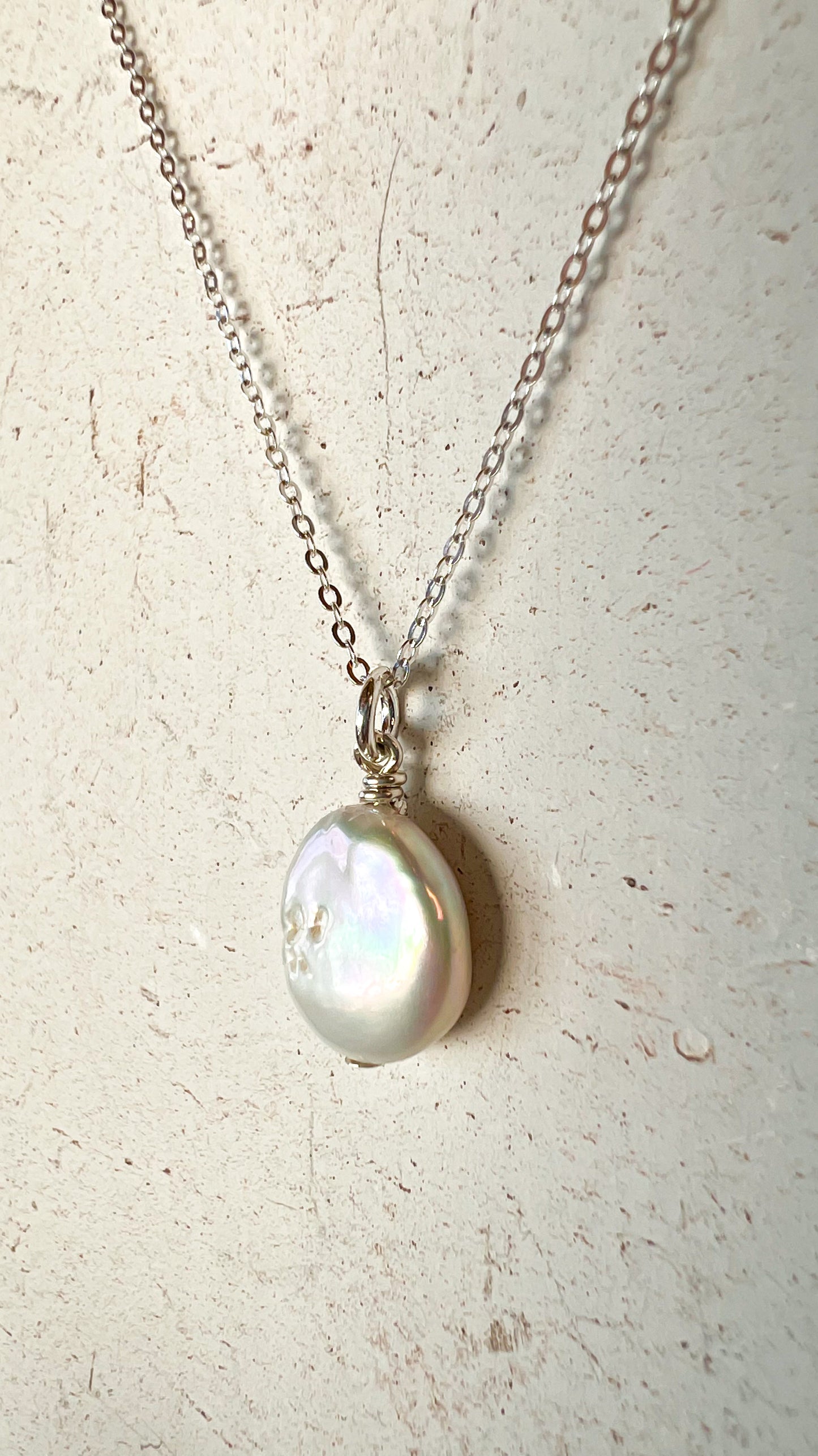 Small Dainty Coin Pearl Pendant Sterling Silver Necklace Perfect for Layering