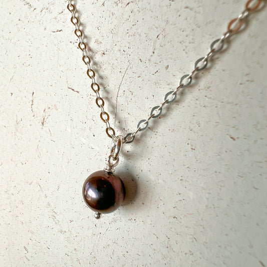 Black Pearl Single Drop Pendant Sterling Silver Necklace Perfect for Layering