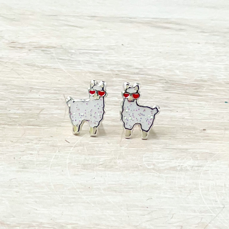 Lllama with Heart Eyes Sterling Silver Heart Stud Earrings