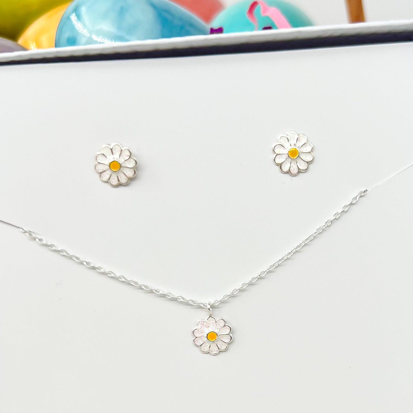 White Glitter Daisy Sterling Silver Earrings