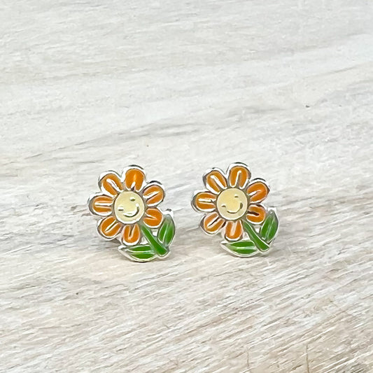 Orange Flower Sterling Silver Earrings