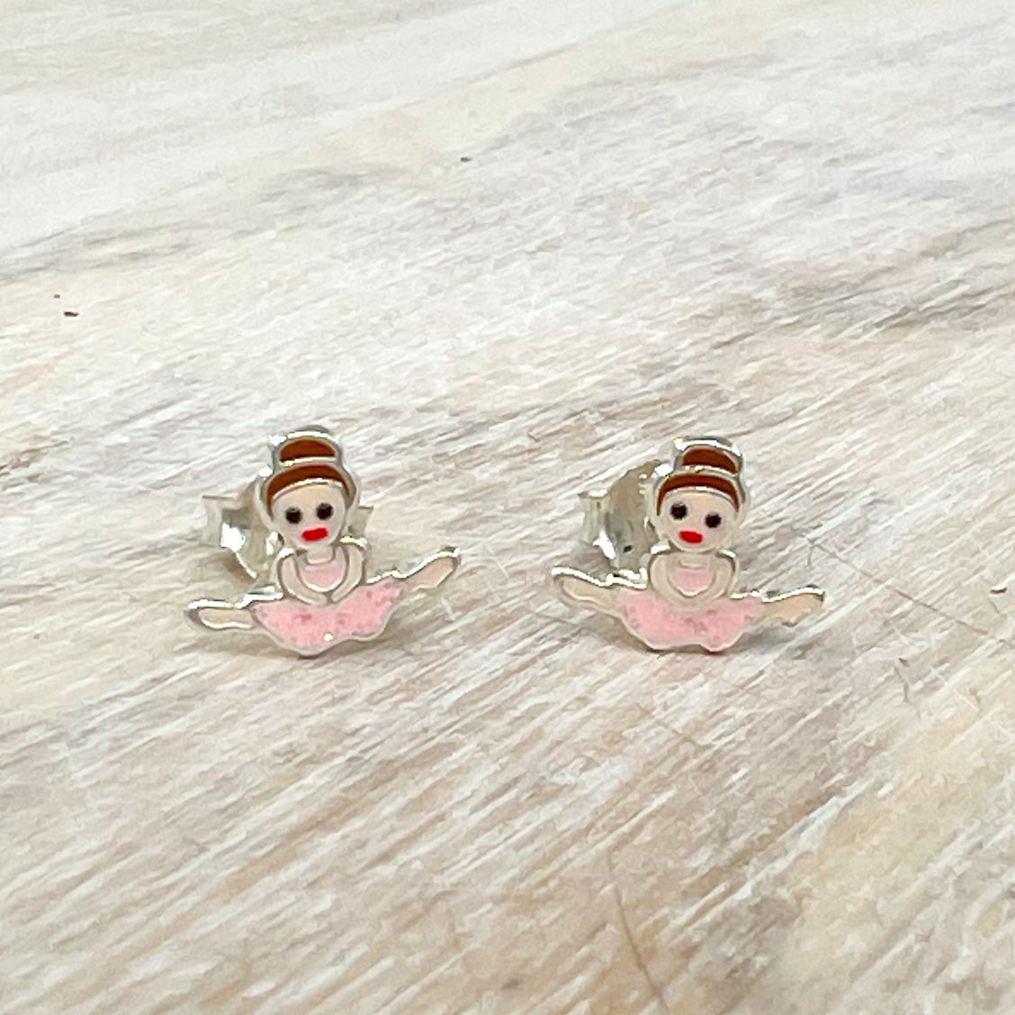 Pink Ballerina with Brown Hair Sterling Earrings