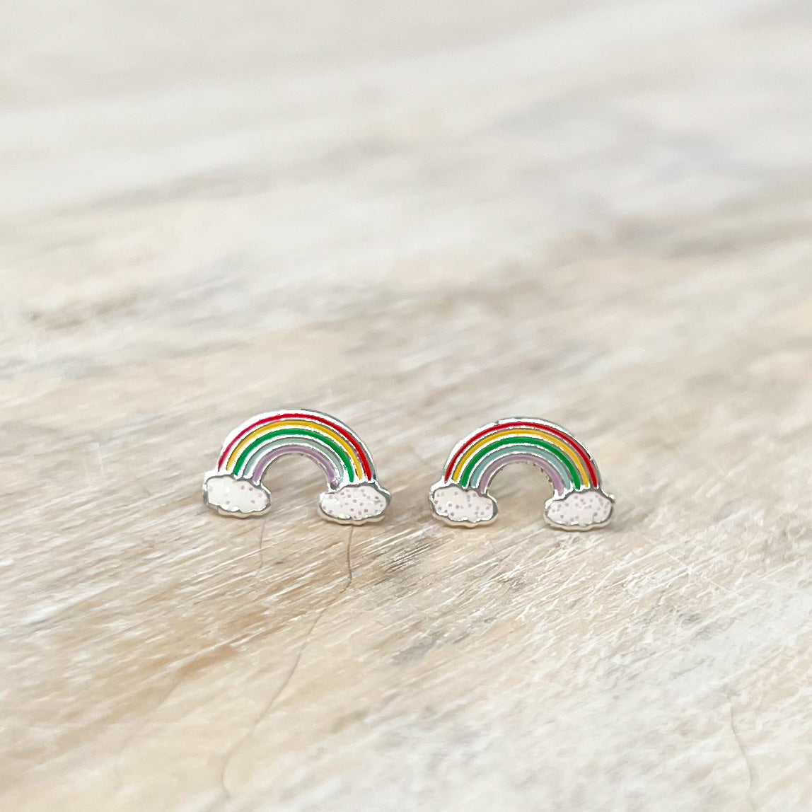 Rainbow with Cloud Earrings with Pink Center 925 Sterling Silver Hypoallergenic Earrings for Little Girls