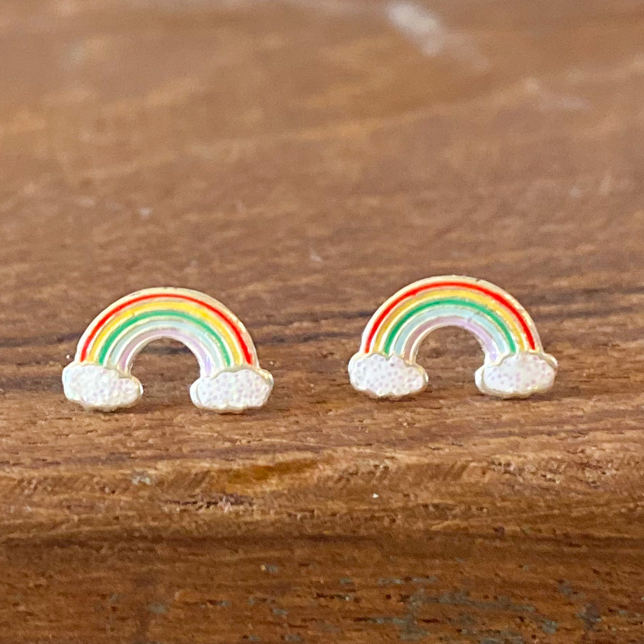 Rainbow with Cloud Earrings with Pink Center 925 Sterling Silver Hypoallergenic Earrings for Little Girls