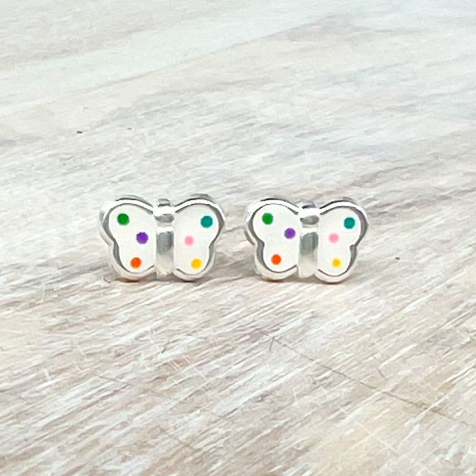 White Butterfly With Polka Dots Sterling Earrings